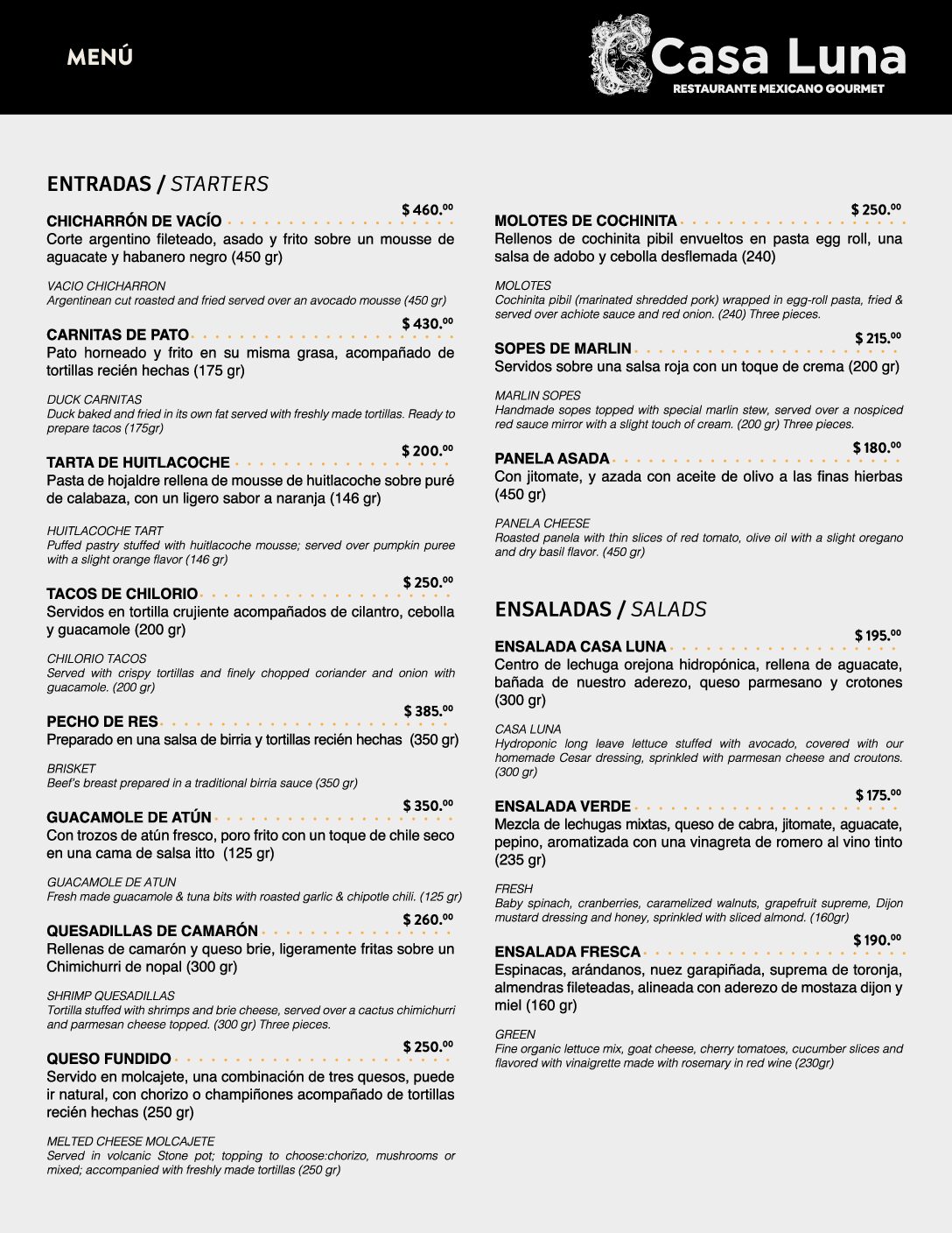 Menú Casa Luna