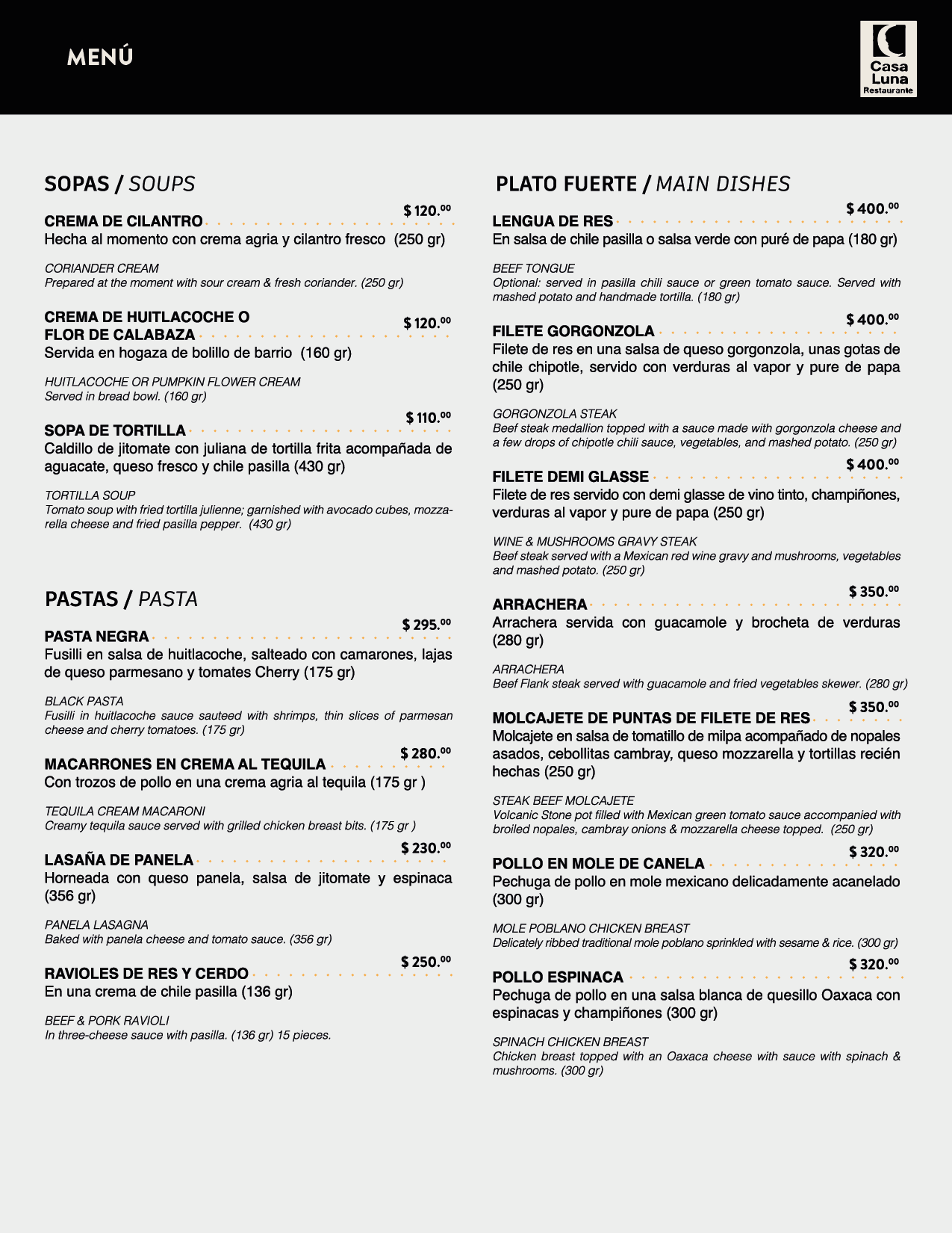 Menú Casa Luna